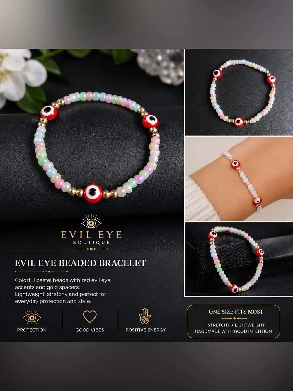Pastel Beaded Bracelet with Red Evil Eye #61